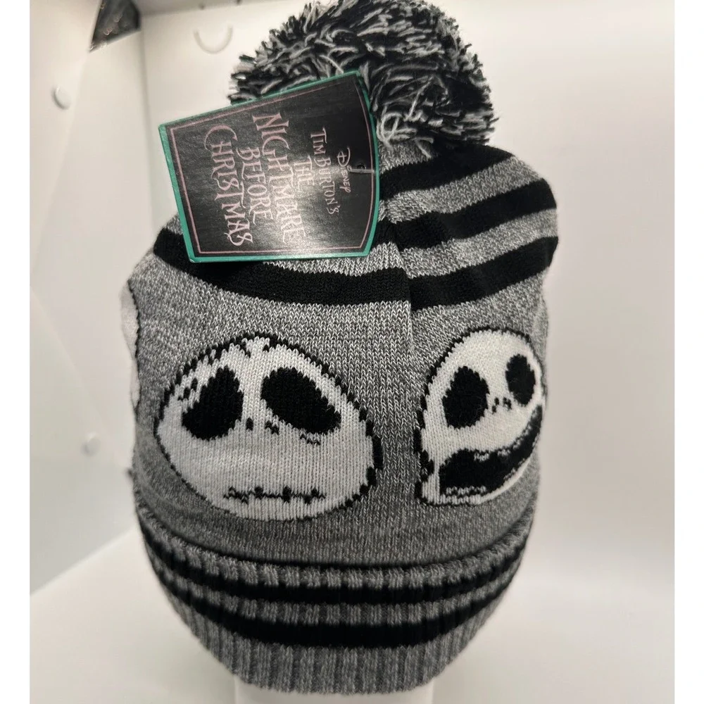 Nightmare Before Christmas Jack Skellington Beanie‎ Pom Pom Knit Hat Black White